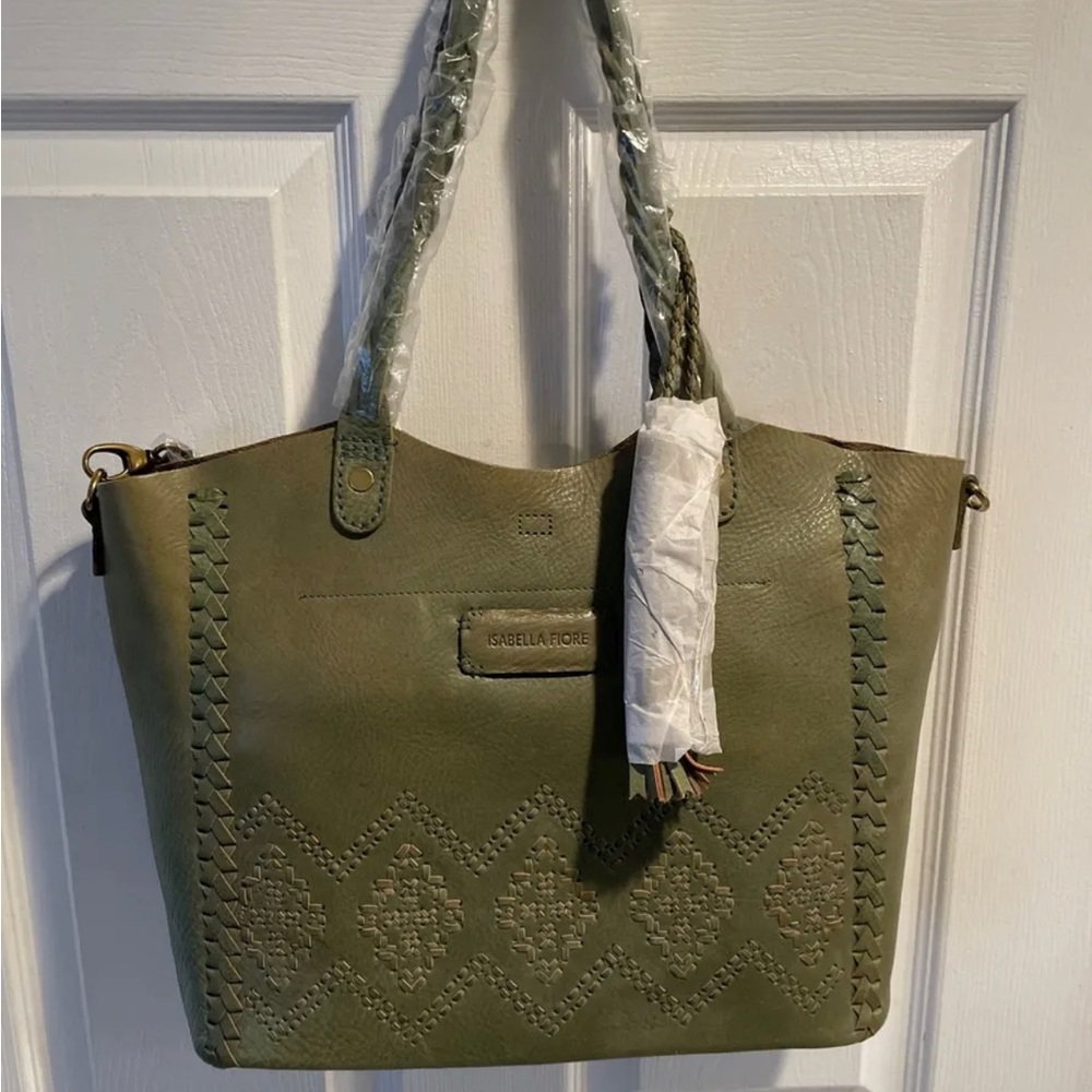 NWT Isabella Fiore Gisela Diamond Stitched  Leather Green Tote Bag